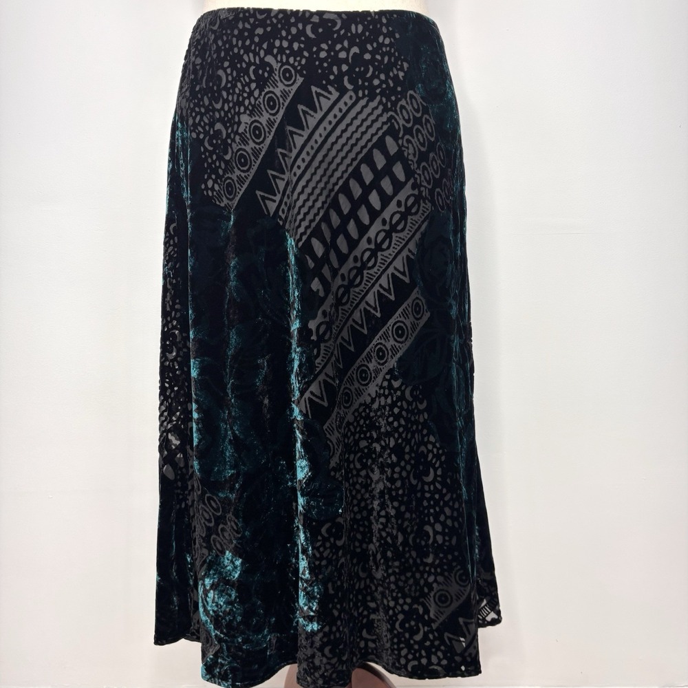 Vintage Mirasol Skirt XL Black Teal Maxi Velvet Burnout Whimsigoth Boho Abstract